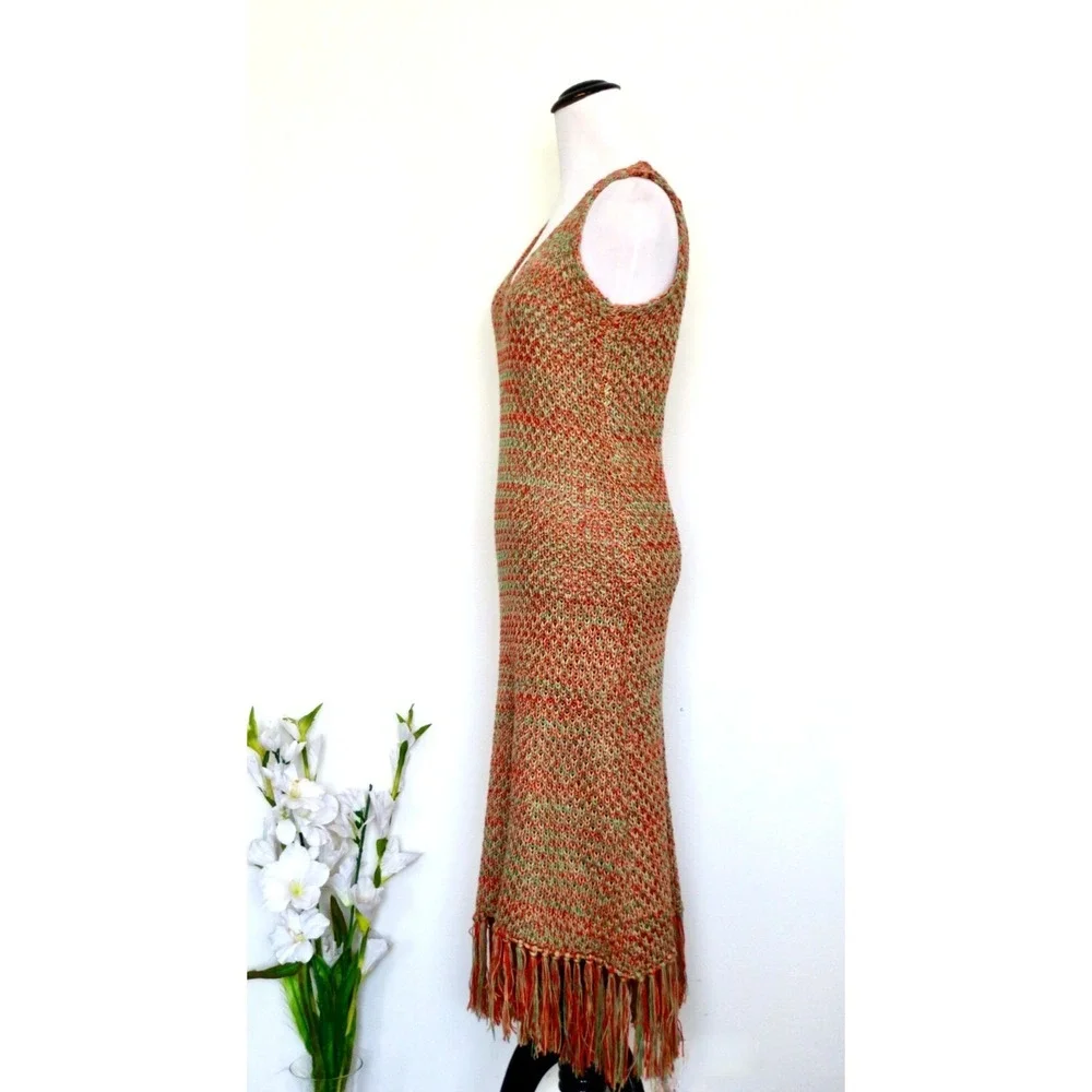 NEW! Crochet Knit Midi Dress Fringe Hem Sleeveless Bohemian Orange Green SZ S - Picture 7 of 11